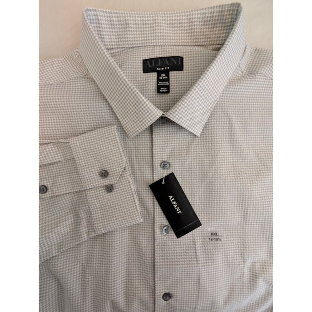 Alfani Dress Shirt Mens XXL Slim Fit Grey‎ Houndstooth Neck 18-18.5 Lightweight
